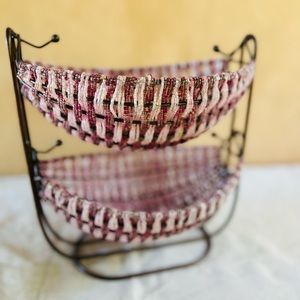 Beaded Two Tier Hammock Storage Trinket Fruit Bowl Stand Holder- Pink Purple
